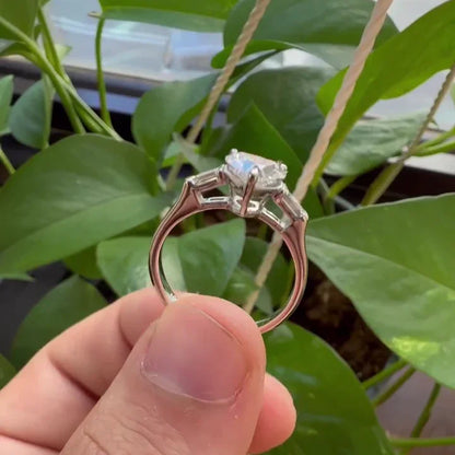 Heart shaped lab grown diamond engagement ring 1.30 CT, three stone baguette design, IGI certified, luxury bridal jewelry gift
