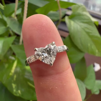 1.30 CT lab created heart diamond ring, baguette accent three stone setting, IGI certified, ethical engagement ring, fine jewelry