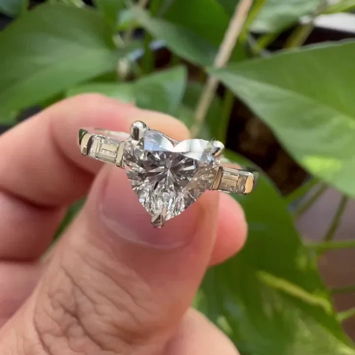 1.30 CT Heart  Lab Diamond Three Stone Ring | Baguette Accent Design | IGI Certified