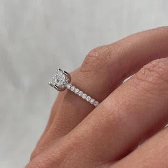 Luxury princess cut lab grown diamond engagement ring with hidden halo and pavé band, 1.40ct IGI certified bridal jewelry design