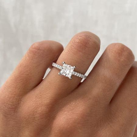 1.40ct princess cut lab grown diamond ring with hidden halo, pavé band, IGI certified engagement ring, sustainable bridal jewelry gift