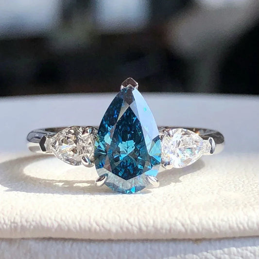 Fancy blue pear lab grown diamond engagement ring, 3 stone ring, white pear side stones, IGI certified, luxury bridal jewelry, solitaire