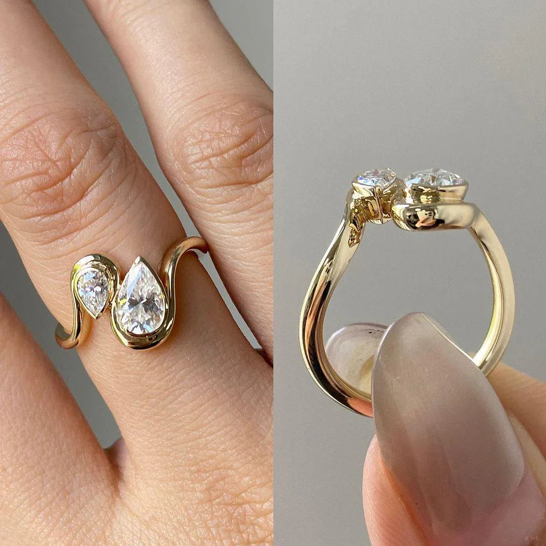 1.50 TCW pear cut lab created diamond engagement ring, bypass Toi Et Moi setting, IGI certified fine jewelry, sustainable bridal ring