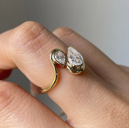 1.50 TCW double pear lab grown diamond engagement ring, Toi Et Moi bypass setting, IGI certified bridal jewelry, ethical diamond ring