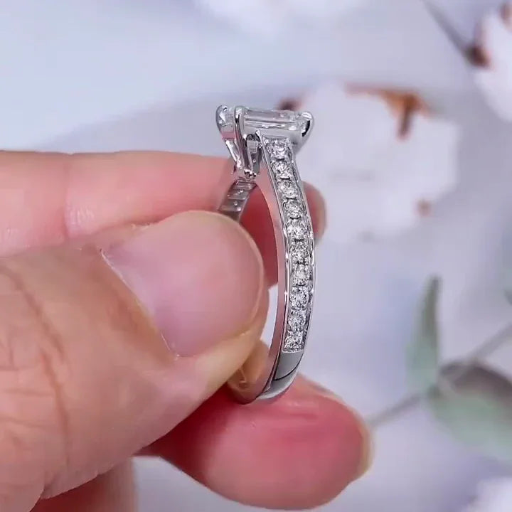 White gold emerald lab grown diamond engagement ring 1.50 TCW, channel set diamond band, IGI certified bridal fine jewelry for women
