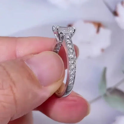 White gold emerald lab grown diamond engagement ring 1.50 TCW, channel set diamond band, IGI certified bridal fine jewelry for women
