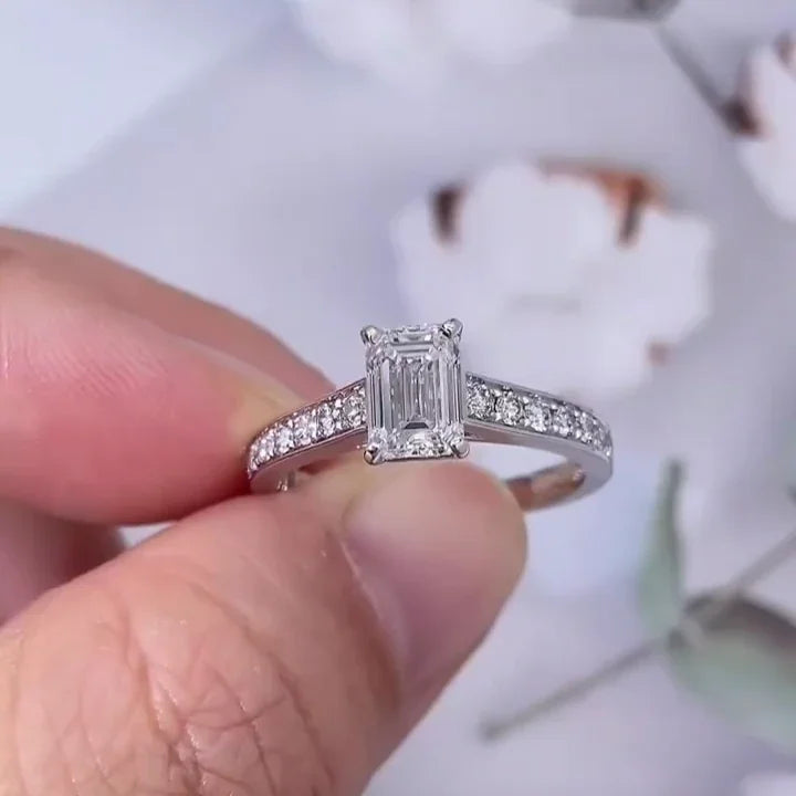 1.50 TCW emerald lab grown diamond engagement ring, channel set white gold ring, IGI certified bridal jewelry, elegant solitaire diamond ring