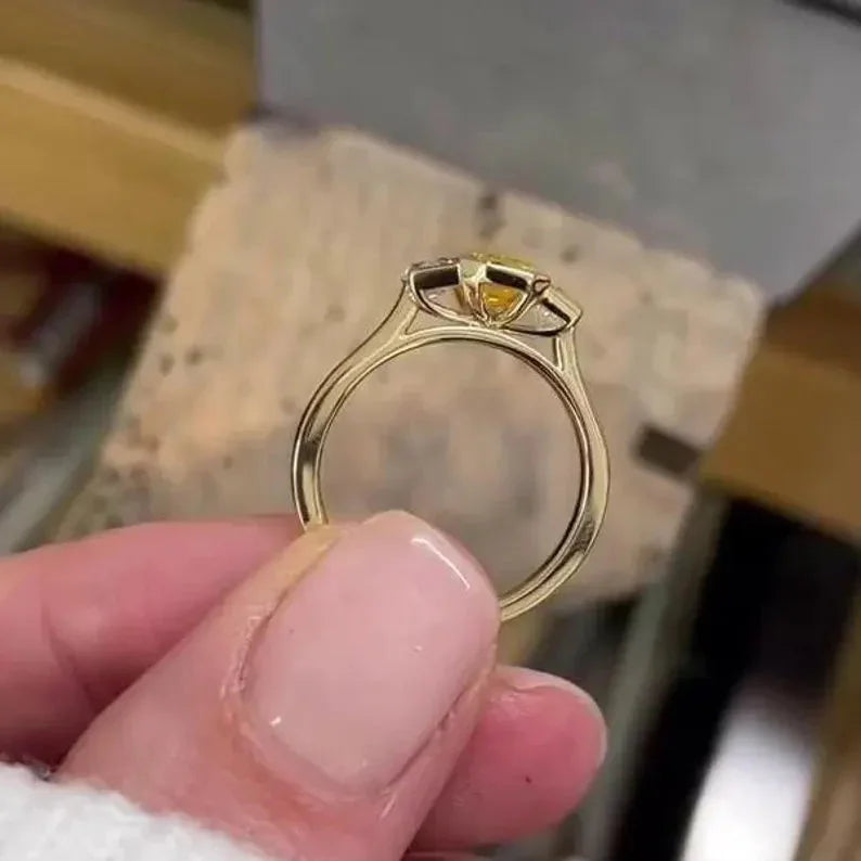 Fancy yellow emerald cut lab grown diamond ring 1.00 CT, three stone engagement ring, IGI certified jewelry, sustainable bridal ring design