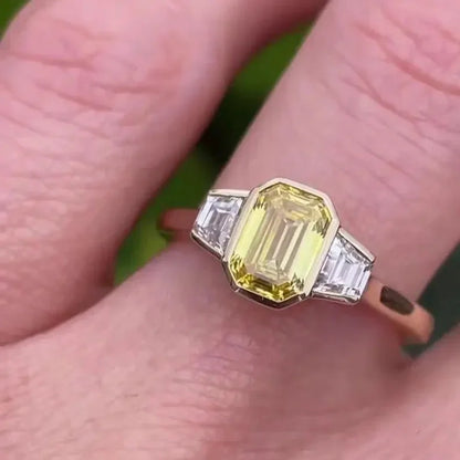 IGI certified fancy yellow emerald lab grown diamond engagement ring, 11.00 CT three stone ring, elegant ethical bridal jewelry for women