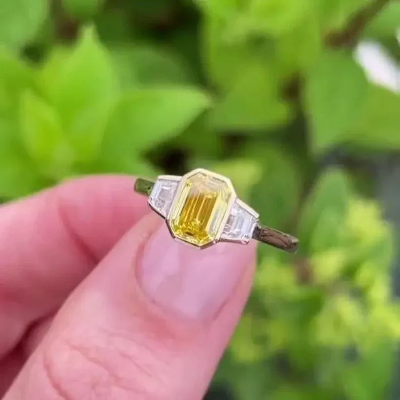1.50 TCW Fancy Yellow Emerald Lab Grown Diamond Engagement Ring | Three Stone Ring | IGI Certified 