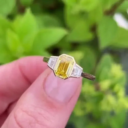 1.50 TCW Fancy Yellow Emerald Lab Grown Diamond Engagement Ring | Three Stone Ring | IGI Certified 