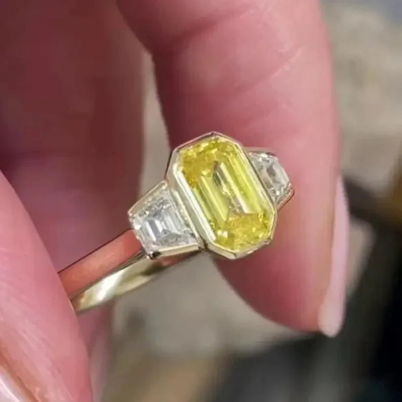 1.50 TCW Fancy Yellow Emerald Lab Grown Diamond Engagement Ring | Three Stone Ring | IGI Certified 