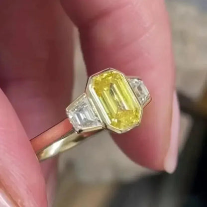 1.50 TCW Fancy Yellow Emerald Lab Grown Diamond Engagement Ring | Three Stone Ring | IGI Certified 