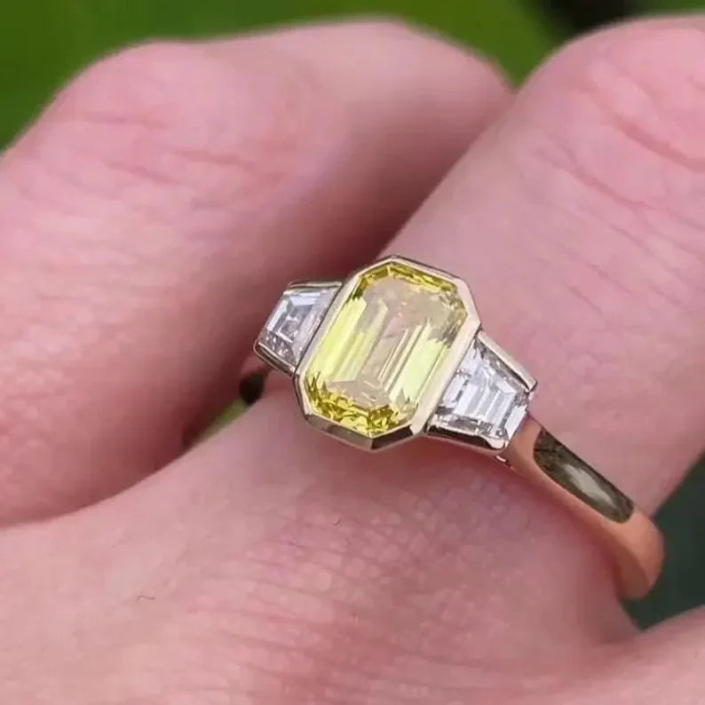 1.50 TCW Fancy Yellow Emerald Lab Grown Diamond Engagement Ring | Three Stone Ring | IGI Certified 