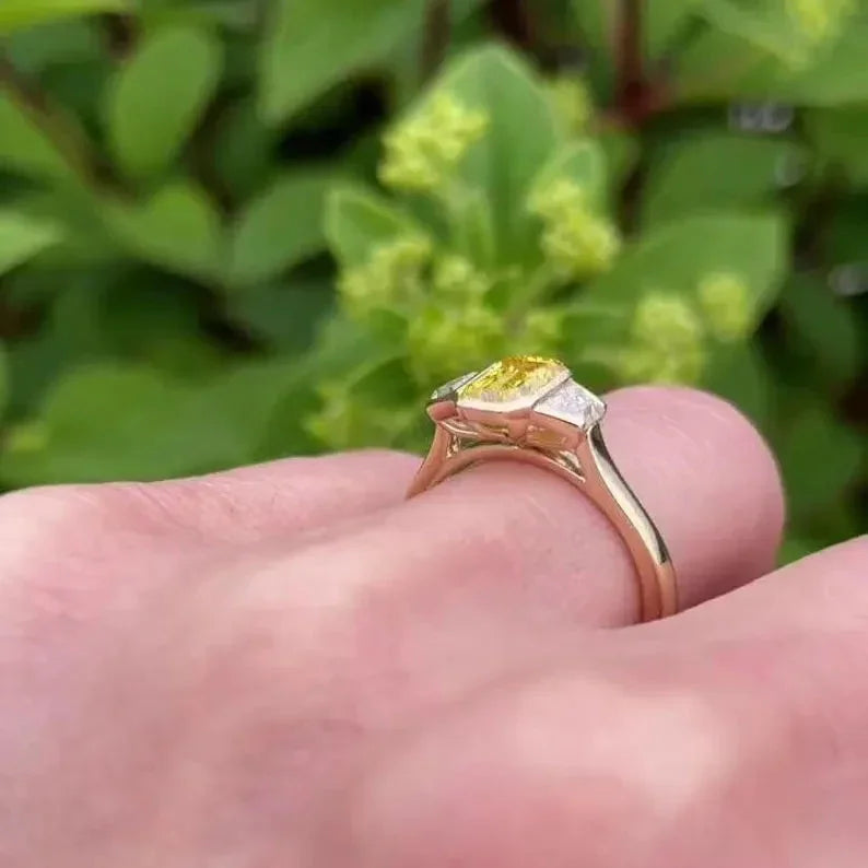 1.50 TCW Fancy Yellow Emerald Lab Grown Diamond Engagement Ring | Three Stone Ring | IGI Certified 