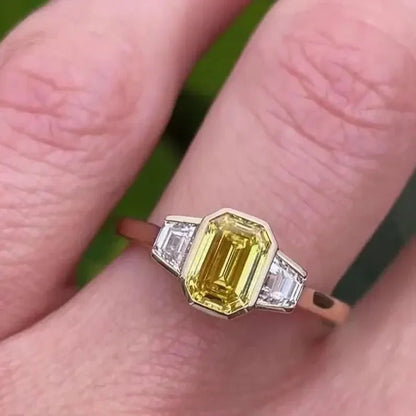 1.50 TCW Fancy Yellow Emerald Lab Grown Diamond Engagement Ring | Three Stone Ring | IGI Certified 