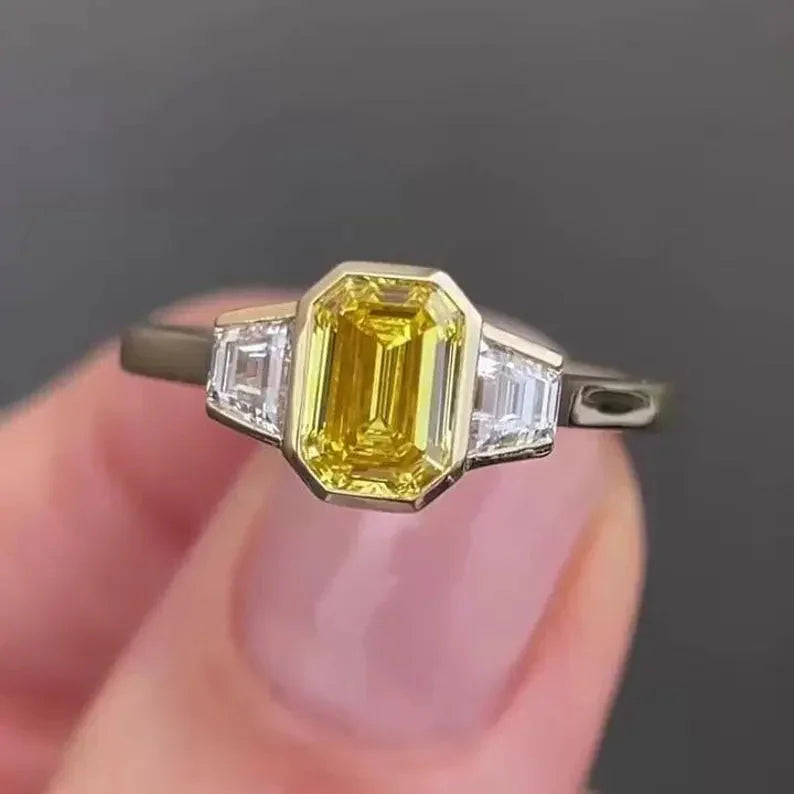 1.00 CT Fancy Yellow Emerald Lab Grown Diamond Engagement Ring | Three Stone Ring | IGI Certified