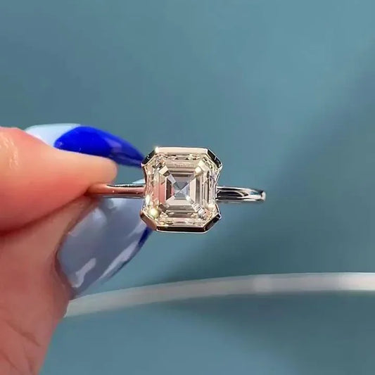 1.50ct Asscher lab grown diamond engagement ring, half bezel setting, IGI certified diamond ring, modern minimalist bridal jewelry, ethical ring