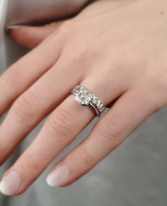 1.50ct Asscher lab grown diamond engagement ring, half bezel setting, IGI certified diamond ring, modern bridal jewelry, ethical engagement ring