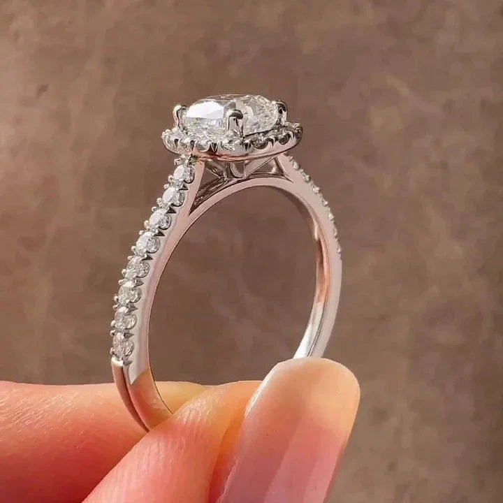 1.50ct lab created cushion diamond engagement ring, halo cathedral setting, IGI certified fine jewelry, modern bridal halo ring for women