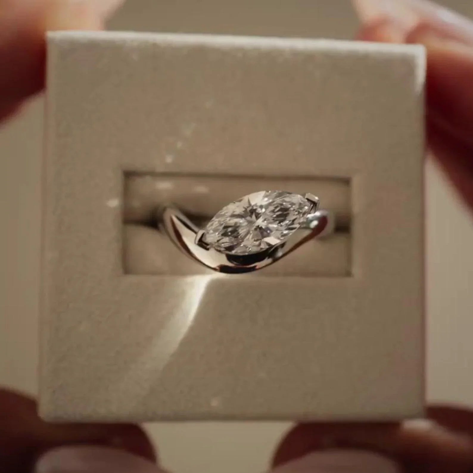 1.50ct marquise lab grown diamond engagement ring, east west solitaire setting, IGI certified bridal jewelry, modern ethical engagement ring design