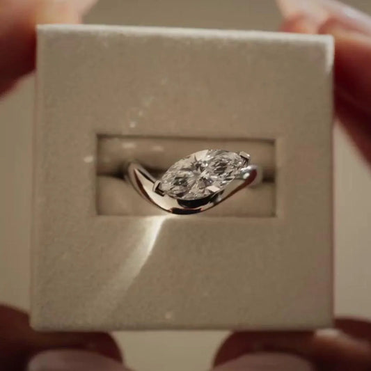 1.50ct marquise lab grown diamond engagement ring, east west solitaire setting, IGI certified bridal jewelry, modern ethical engagement ring design