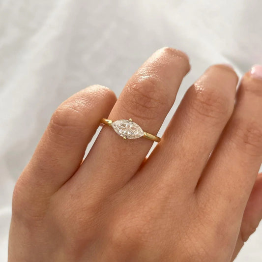 1.50ct marquise lab grown diamond engagement ring, east west solitaire setting, IGI certified bridal ring, modern ethical engagement jewelry design