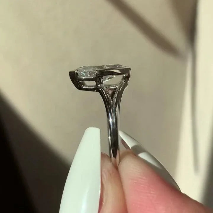 1.50ct lab created marquise diamond engagement ring, IGI certified half bezel split shank setting, elegant modern bridal jewelry for women