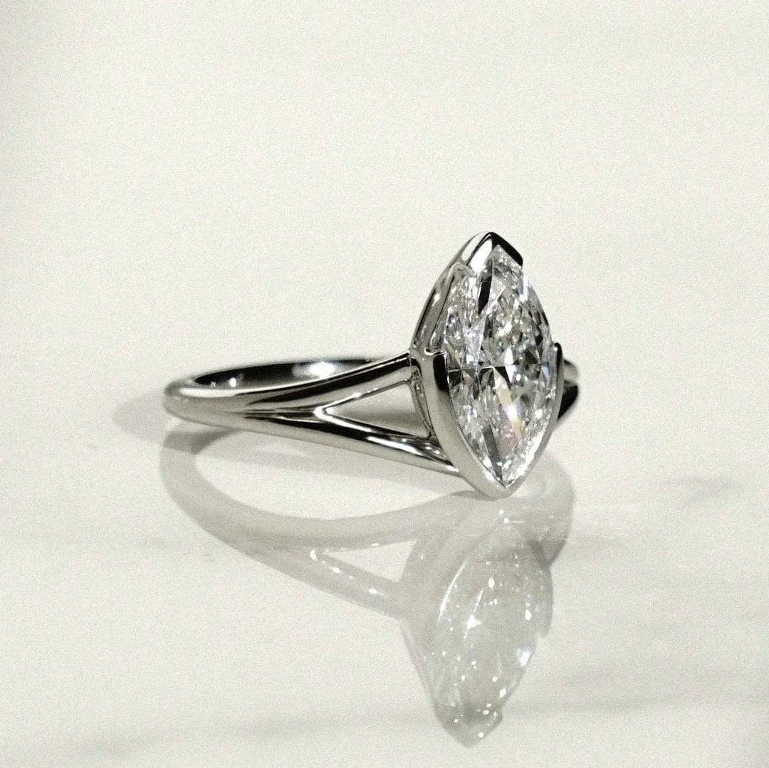 1.50ct Marquise Lab Grown Diamond Engagement Ring | Half Bezel Split Shank Setting | IGI Certified 