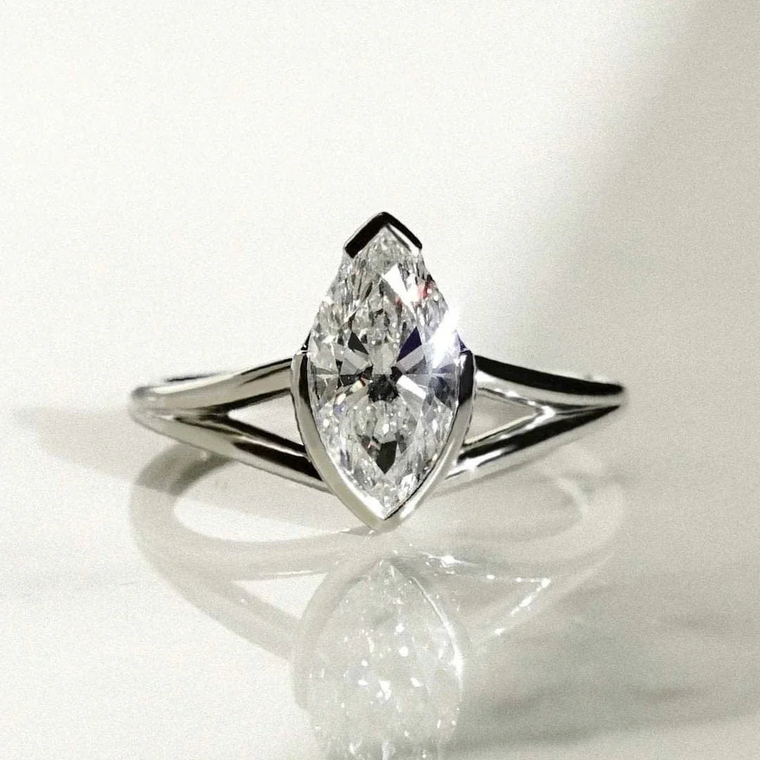 1.50ct marquise lab grown diamond engagement ring, half bezel split shank setting, IGI certified bridal ring, modern ethical engagement jewelry