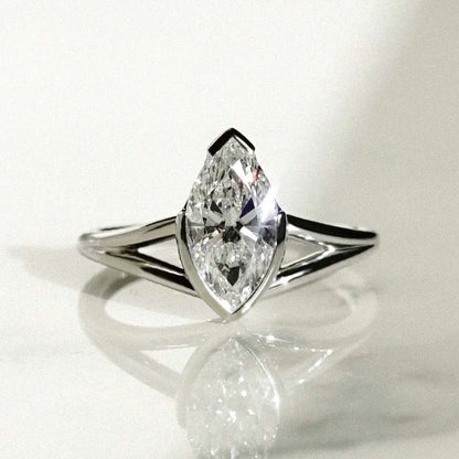 1.50ct marquise lab grown diamond engagement ring, half bezel split shank setting, IGI certified bridal ring, modern ethical engagement jewelry