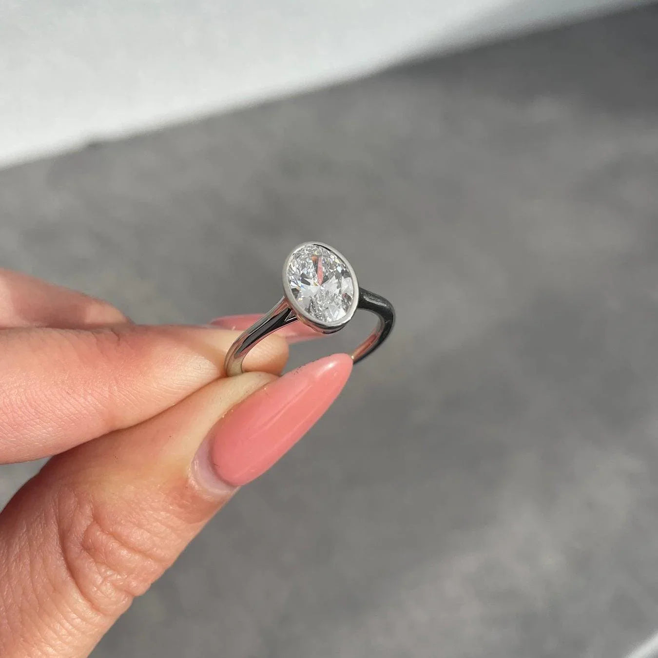 1.50ct lab created oval diamond ring, bezel setting engagement ring, IGI certified fine jewelry, modern wedding ring for her women