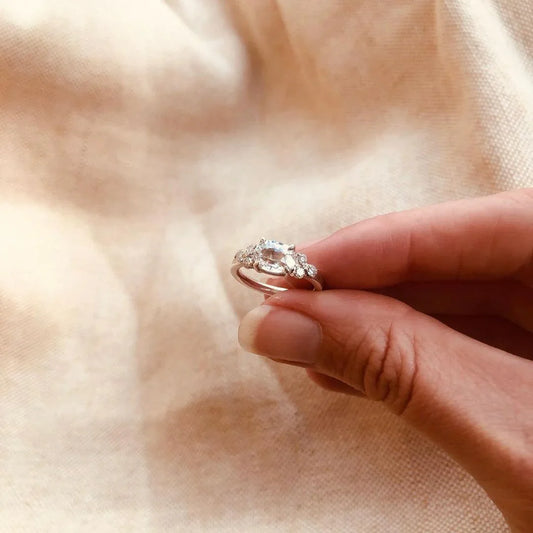 1.50ct oval lab grown diamond engagement ring, three stone side round setting, IGI certified bridal wedding ring, ethical fine jewelry gold sparkle