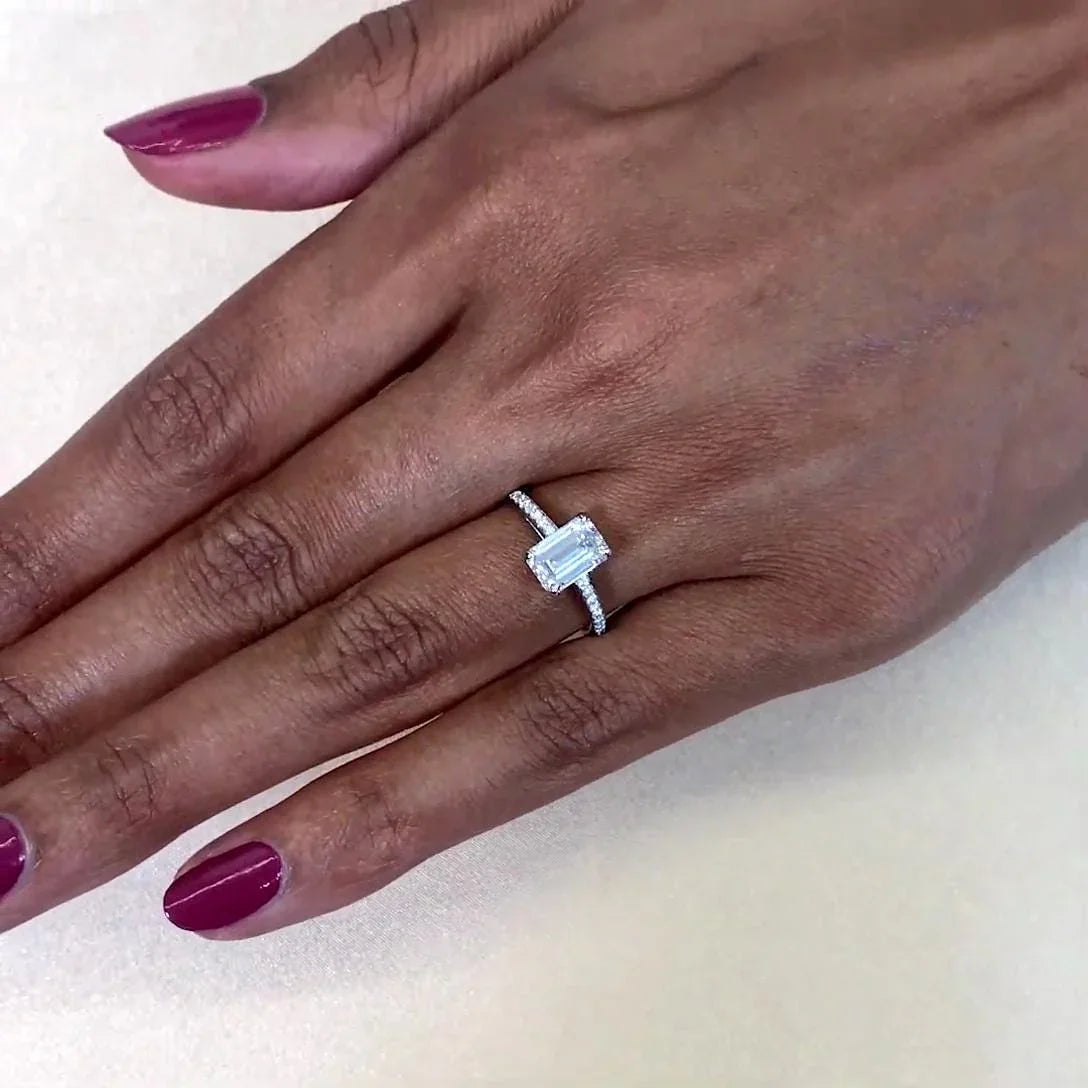 Emerald cut lab grown diamond engagement ring, 1.50TCW hidden halo cathedral setting, IGI certified wedding ring for her