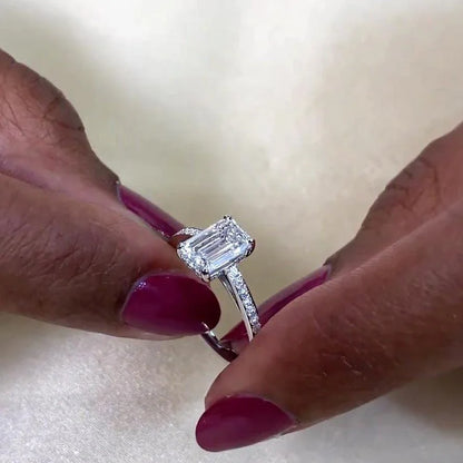 1.50TCW emerald cut lab created diamond ring, cathedral hidden halo engagement ring, bridal jewelry gift for women