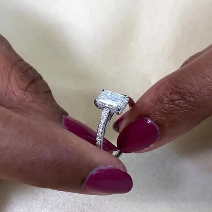 Cathedral setting emerald diamond engagement ring, 1.50TCW lab grown hidden halo ring, elegant wedding jewelry women