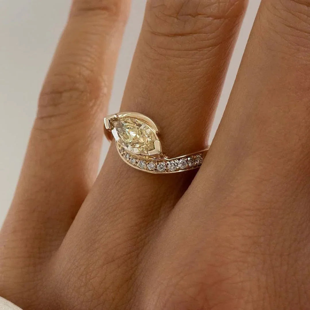 Fancy yellow marquise lab grown diamond engagement ring, 1.40 CT bypass pavé setting, IGI certified wedding ring her