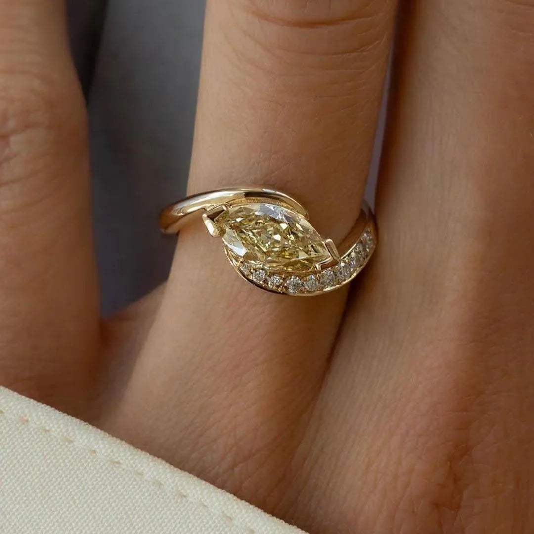 1.50TCW Fancy Yellow Marquise Lab Grown Diamond Engagement Ring | Bypass Pavé Rapture Setting | IGI Certified 