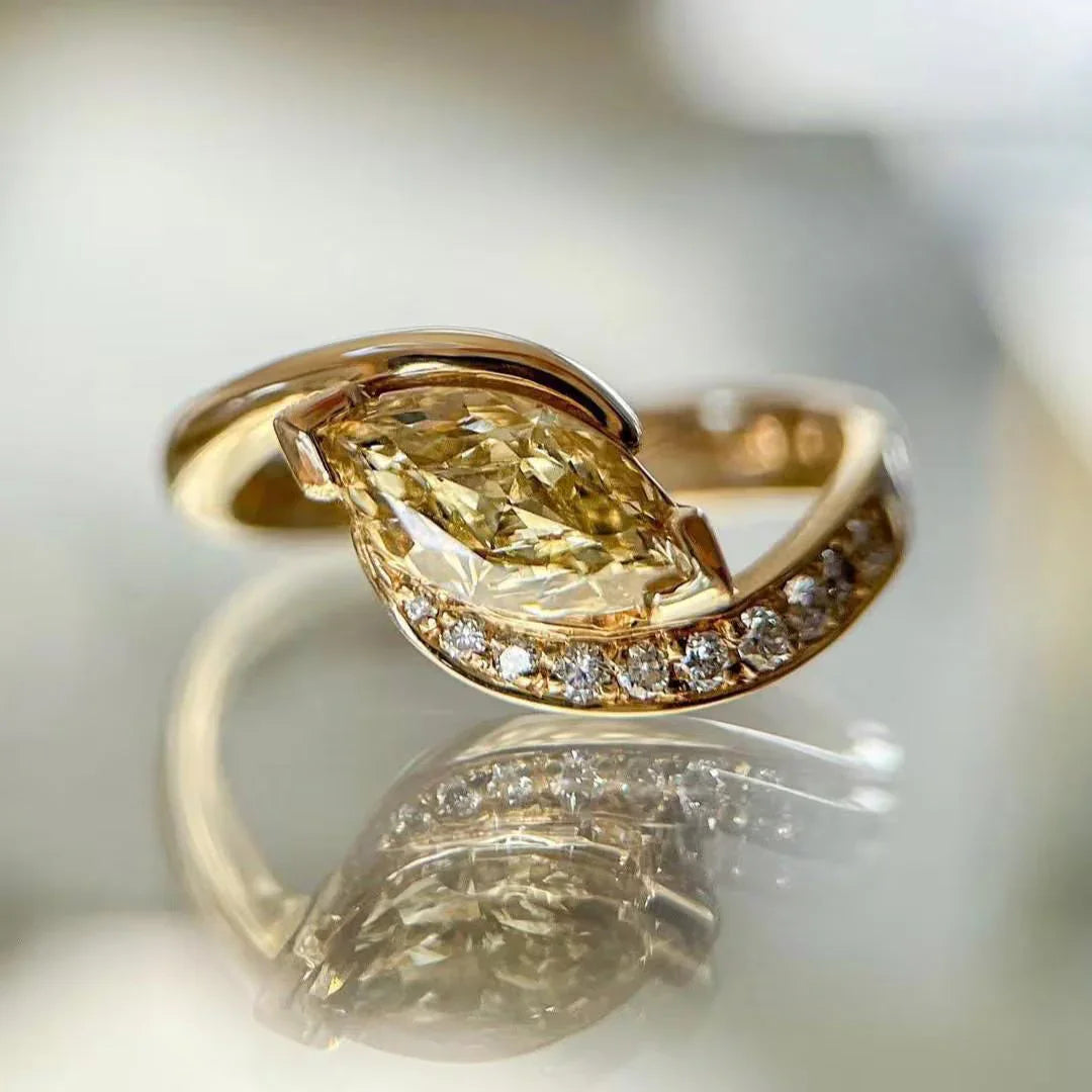 1.50TCW Fancy Yellow Marquise Lab Grown Diamond Engagement Ring | Bypass Pavé Rapture Setting | IGI Certified 