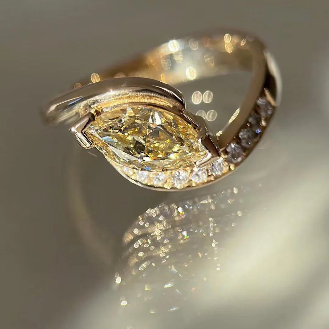 1.50TCW Fancy Yellow Marquise Lab Grown Diamond Engagement Ring | Bypass Pavé Rapture Setting | IGI Certified 