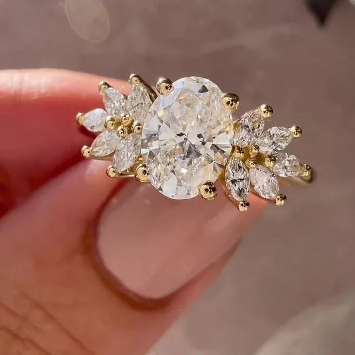 1.50TCW Oval Lab Grown Diamond Engagement Ring | Marquise Side Stones Setting | IGI Certified 