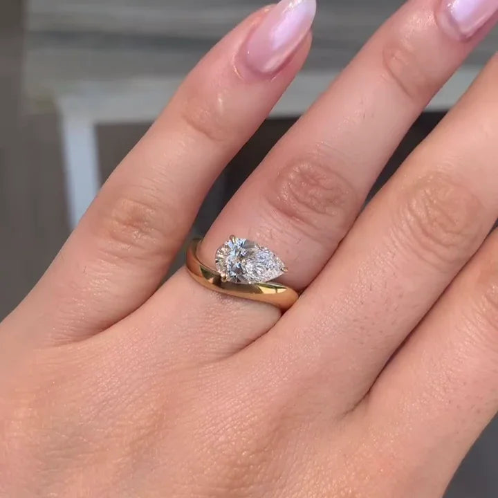 Minimalist pear diamond engagement ring, 1.50TCW lab grown wave band ring, elegant wedding jewelry gift for her
