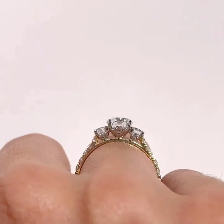 Round three stone diamond engagement ring, lab grown pavé ring, 1.50TCW IGI certified bridal jewelry for her