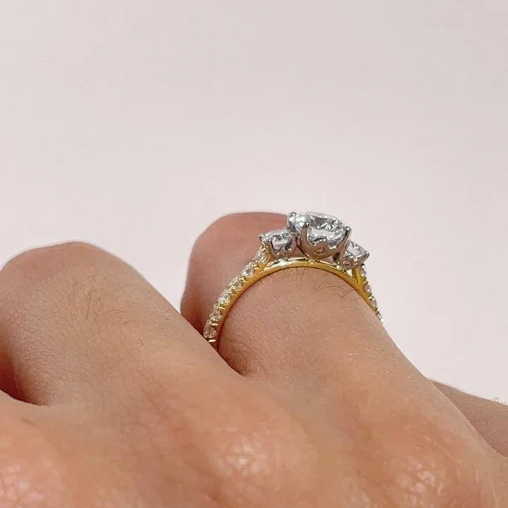 Elegant round diamond engagement ring, 1.50TCW lab grown three stone pavé ring, wedding jewelry gift women