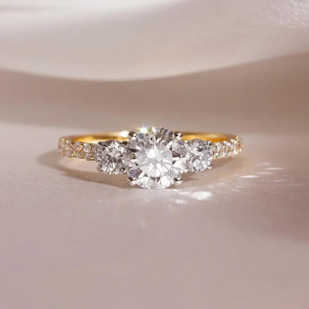 1.50TCW Round Lab Grown Diamond Engagement Ring | Three Stone Pavé Setting | IGI Certified 