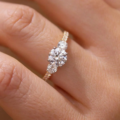 1.50TCW round lab grown diamond ring, three stone pavé engagement ring, IGI certified bridal jewelry for women