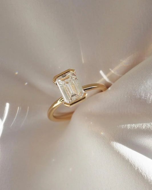 Emerald cut solitaire diamond ring 1.5ct, half bezel setting, engagement ring for women, wedding band, anniversary jewelry, promise ring for her