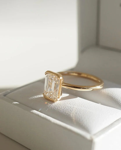 1.5ct emerald solitaire ring, half bezel engagement ring, diamond wedding band, bridal promise ring, anniversary jewelry gift, luxury ring for her