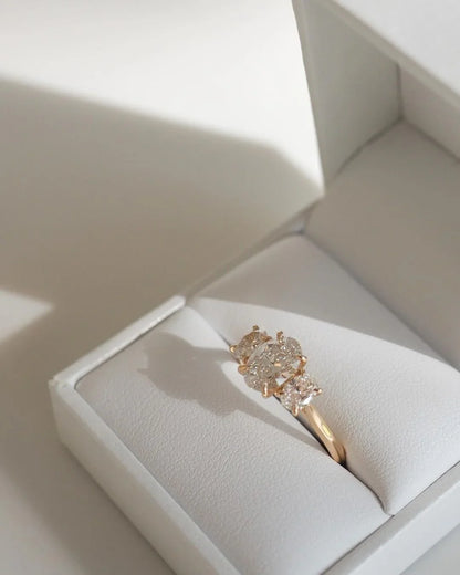 Oval trio diamond engagement ring 1.5ct, center stone with oval side diamonds, wedding band, bridal jewelry, anniversary gift for women