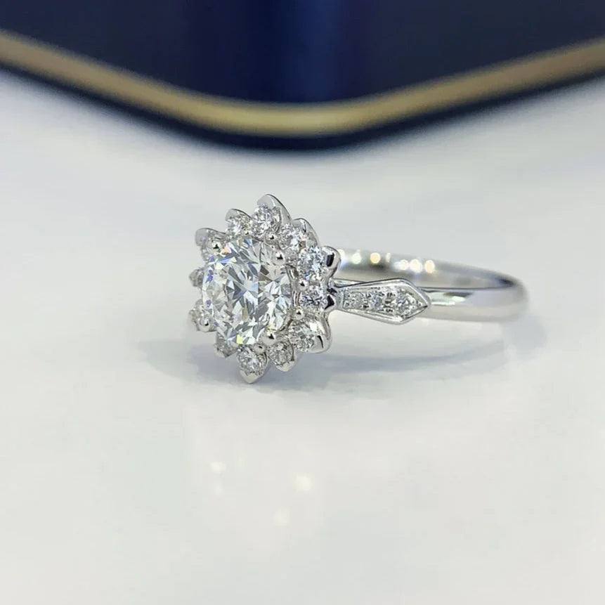 1.60 TCW Round Lab Grown Diamond Engagement Ring | Pavé Halo Ring | IGI Certified 